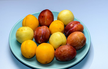 Summer fruits: apples, pears, apricots, plums on a blue plate