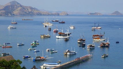 viele Schiffe ankern im Hafen von Labuan Bajo bei der Insel Flores