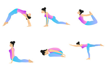 Female Yoga. Woman is doing yoga positions. Vector set of different yoga exercises.