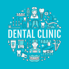 Fototapeta premium Dentist, orthodontics medical banner with vector line icon of dental care equipment, braces, tooth prosthesis, veneers, floss, caries treatment. Health care thin linear poster for dentistry clinic.