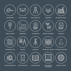 Geodetic survey engineering vector flat line icons. Geodesy equipment, tacheometer, theodolite, tripod. Geological research, building measurement inspection illustration. Construction service signs.