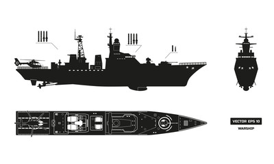 Detailed silhouette of military ship. Top, front and side view. Battleship model. Industrial drawing. Warship in flat style