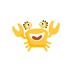 Cute yellow crab, funny sea creature hand drawn vector Illustration