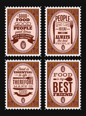 set of vector postage stamps with citations on food theme