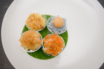 ancient Thai Dessert, Thai sweet dessert and ingredient in bowl on black background, appetizer, Thai Dessert, Thai food