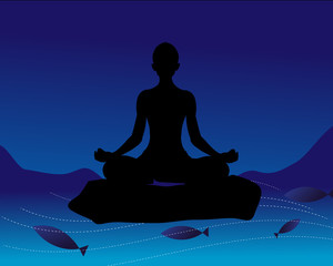 Silhouette of young woman practicing yoga sitting on a stone over water at early morning. Healthy lifestyle and mindful meditation concept illustration vector.