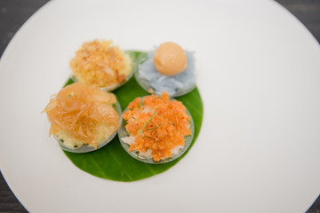 ancient Thai Dessert, Thai sweet dessert and ingredient in bowl on black background, appetizer, Thai Dessert, Thai food