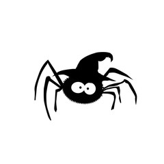 Black silhouette of spider in witch hat isolated on white background. Vector illustration, clip art, icon.