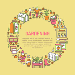 Gardening, planting and horticulture banner with vector line icon. Garden equipment, organic seeds, green house, pruners watering can and other tools. Vegetables, flower cultivation thin linear poster