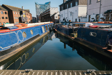 Canal on Gas Street Basin in the heart of Birgmingham  looking towards the Mailbox and Cube building
