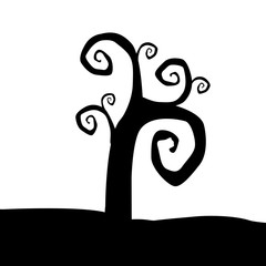 Black silhouette of tree with curly branches  isolated on white background. Vector illustration, clip art.