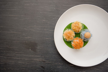 ancient Thai Dessert, Thai sweet dessert and ingredient in bowl on black background, appetizer, Thai Dessert, Thai food