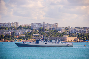 Military navy ships in a sea bay view russia sevastopol crimea