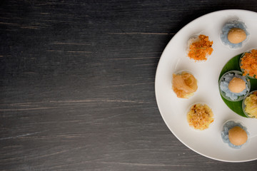 ancient Thai Dessert, Thai sweet dessert and ingredient in bowl on black background, appetizer, Thai Dessert, Thai food