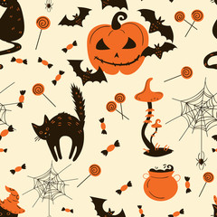 Stoffe zum Nähen Nahtlose Muster von Halloween Katzen und Kürbisse