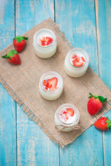 Strawberry Yoghurt. Healthy food with Strawberries and yoghurt breakfast on table.