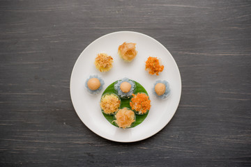 ancient Thai Dessert, Thai sweet dessert and ingredient in bowl on black background, appetizer, Thai Dessert, Thai food