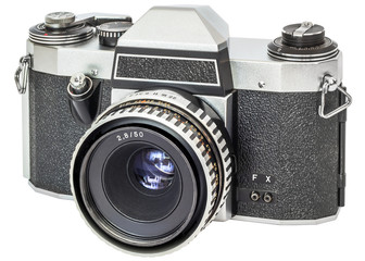 Vintage Analog 35mm Camera Isolated On White Background