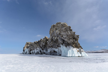 Landscape of winter lake Baikal. Island Ogoy.