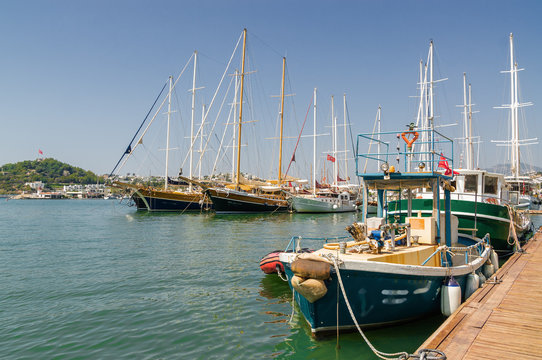 Beautiful yahts in Bodrum marina bay, Mugla province, Turkey.