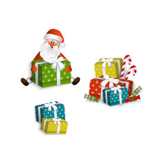 vector flat santa claus sitting with paper christmas square box presents with ribbon bow, mistletoe leaves and berry and christmas lollipop and candy. Isolated illustration on a white background.