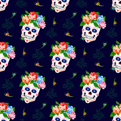 Seamless pattern with skull and rose. Floral skull background