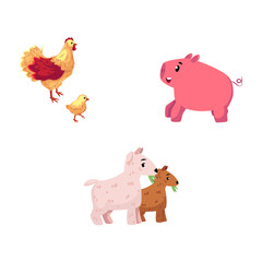 Set of farm animals - chicken, pig, goat, cartoon vector illustration isolated on white background. Funny cartoon style chicken, hen and chick, little pig and two goats
