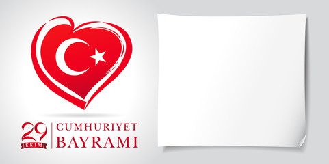 29 ekim Cumhuriyet Bayrami kutlu olsun heart and flag banner white. Translation: 29 october Republic Day Turkey and the National Day in Turkey in national flag color. Vector illustration
