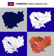Cambodia - Vector highly detailed political map with regions, provinces and capital. All elements are separated in editable layers EPS 10.