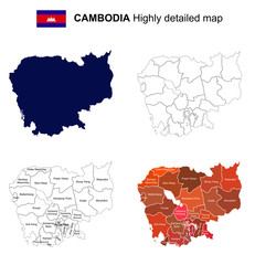 Cambodia - Isolated vector highly detailed political map with regions, provinces and capital. All elements are separated in editable layers EPS 10.