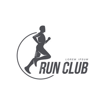 Sportive man jogging, running marathon brand, logo design icon pictrogram silhouette. Male adult character illustration with run club inscription. Isolated flat illustration on a white background.