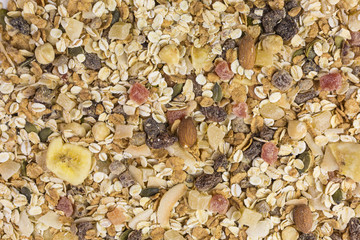 background of mixed muesli with nuts and fruits