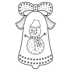 Christmas decoration in the form of bell. New Year's toy with bow and snow. Snowman.