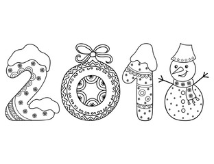 Decorative image of the number 2018 in cartoon style for greetings with the New Year. New Year pattern in the form of figures, snowman, Christmas tree ball, bow and snowflakes.