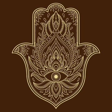Vector hamsa hand drawn symbol. Decorative pattern in oriental style for the interior decoration and drawings with henna. The ancient symbol of the " Hand of Fatima ".