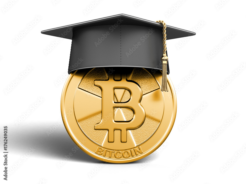 Poster graduation cap and bitcoin. image with clipping path