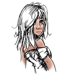 Foto auf Acrylglas tekening van meisje dat over haar schouders kijkt © emieldelange