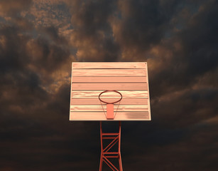 3D rendering of the basketball hoop on the background of the sky with clouds