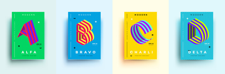 Modern Typographic Colorful Covers. Isometric Letters A, B, C, D With Abstract Memphis Design Background. Vector Trendy Template For Your Posters, Banners, Presentations, Layouts