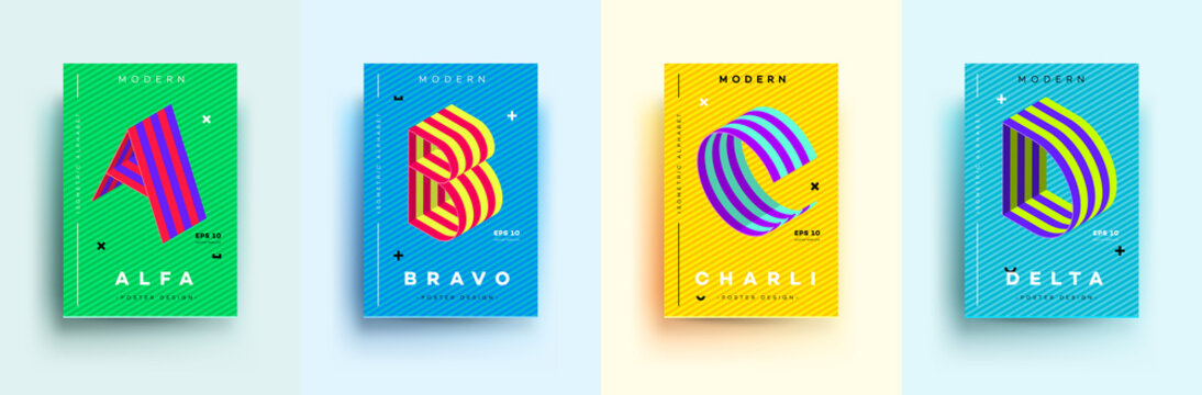 Modern Typographic Colorful Covers. Isometric Letters A, B, C, D With Abstract Memphis Design Background. Vector Trendy Template For Your Posters, Banners, Presentations, Layouts