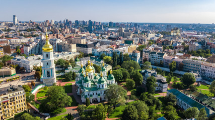 Aerial top view of St Sophia cathedral and Kiev city skyline from above, Kyiv cityscape, capital of...