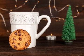 Chocolate chips cookie, Christmas tree, and copy space