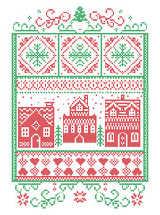 Christmas Scandinavian, Nordic style winter stitching, pattern including snowflake, heart, winter wonderland village, gingerbread houses, church, Christmas tree, snow in red, green 
