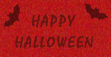 Fototapeta na wymiar Words Happy Halloween on background of bright melange yarn. Vector illustration in vivid, rich tones. Good for web banner, design element, independent project. Knitted texture on red backdrop. 