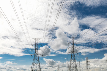 High voltage post.High-voltage tower sky,Part of high-voltage substation with switches and disconnectors.