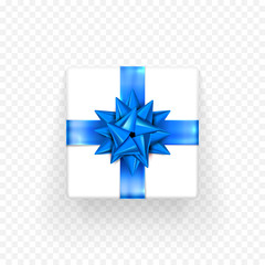 Gift box with blue bow ribbon design template for Birthday, New Year or Christmas holiday giftbox or greeting card decoration. Vector isolated blue Bday bow gift wrapper on transparent background