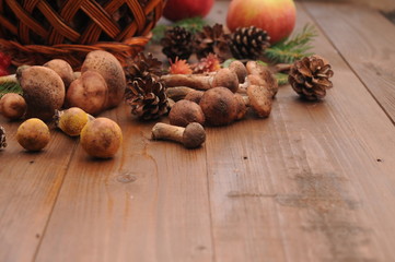 autumn still life mushrooms on a table