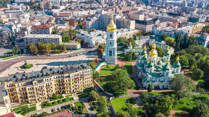 Aerial top view of St Sophia cathedral and Kiev city skyline from above, Kyiv cityscape, capital of...
