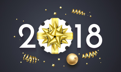 2018 New Year greeting card of golden decoration balls or gift ribbon bow and gold glittering confetti glitter on premium black background. Vector Christmas or New Year winter holiday design template