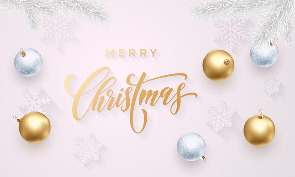 Merry Christmas greeting card of golden decoration balls, gold glittering confetti and stars glitter on premium white background. Vector Christmas or New Year wish calligraphy text for winter holiday